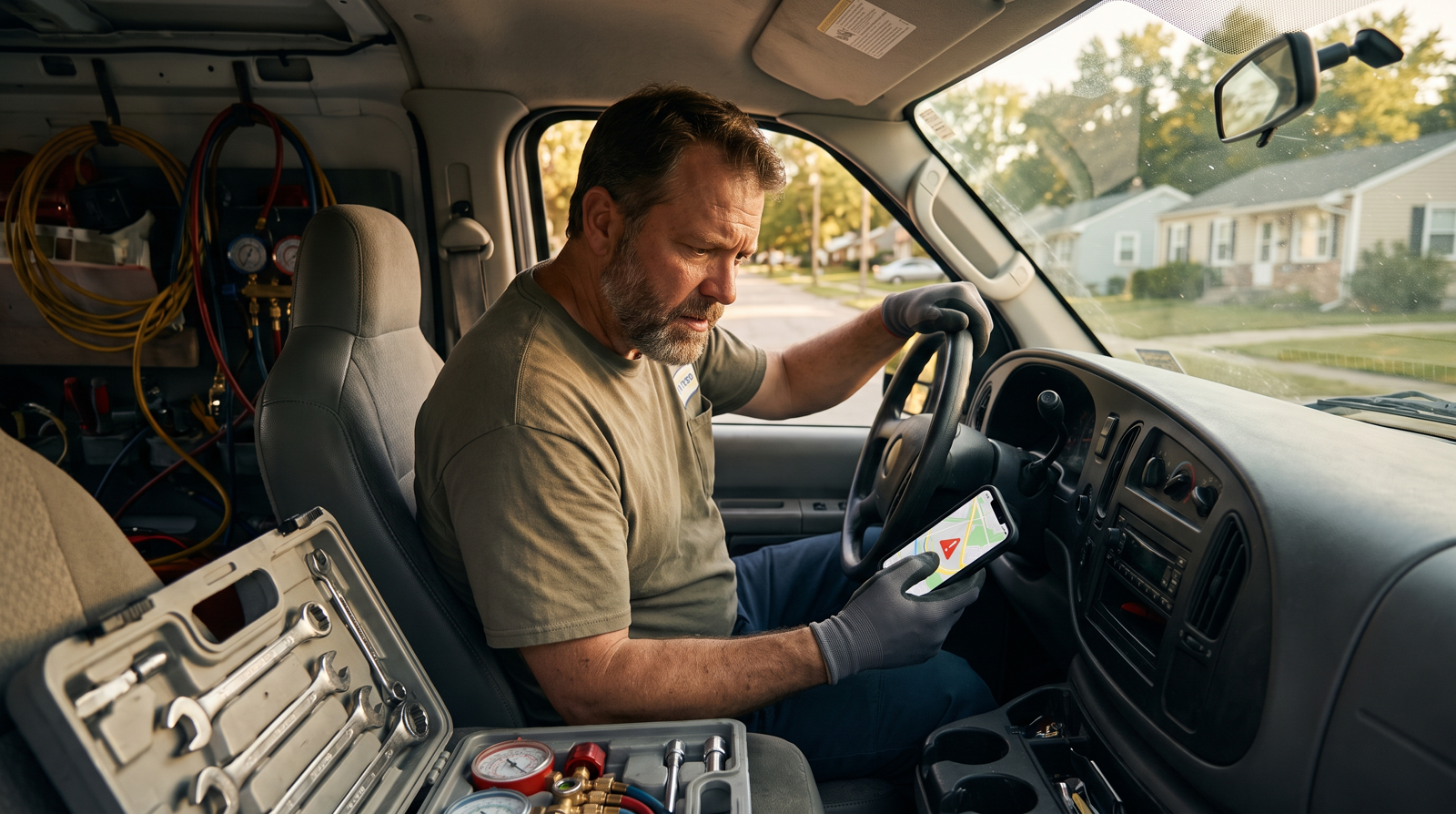 HVAC technician sitting in his service van checking a new job lead on his phone