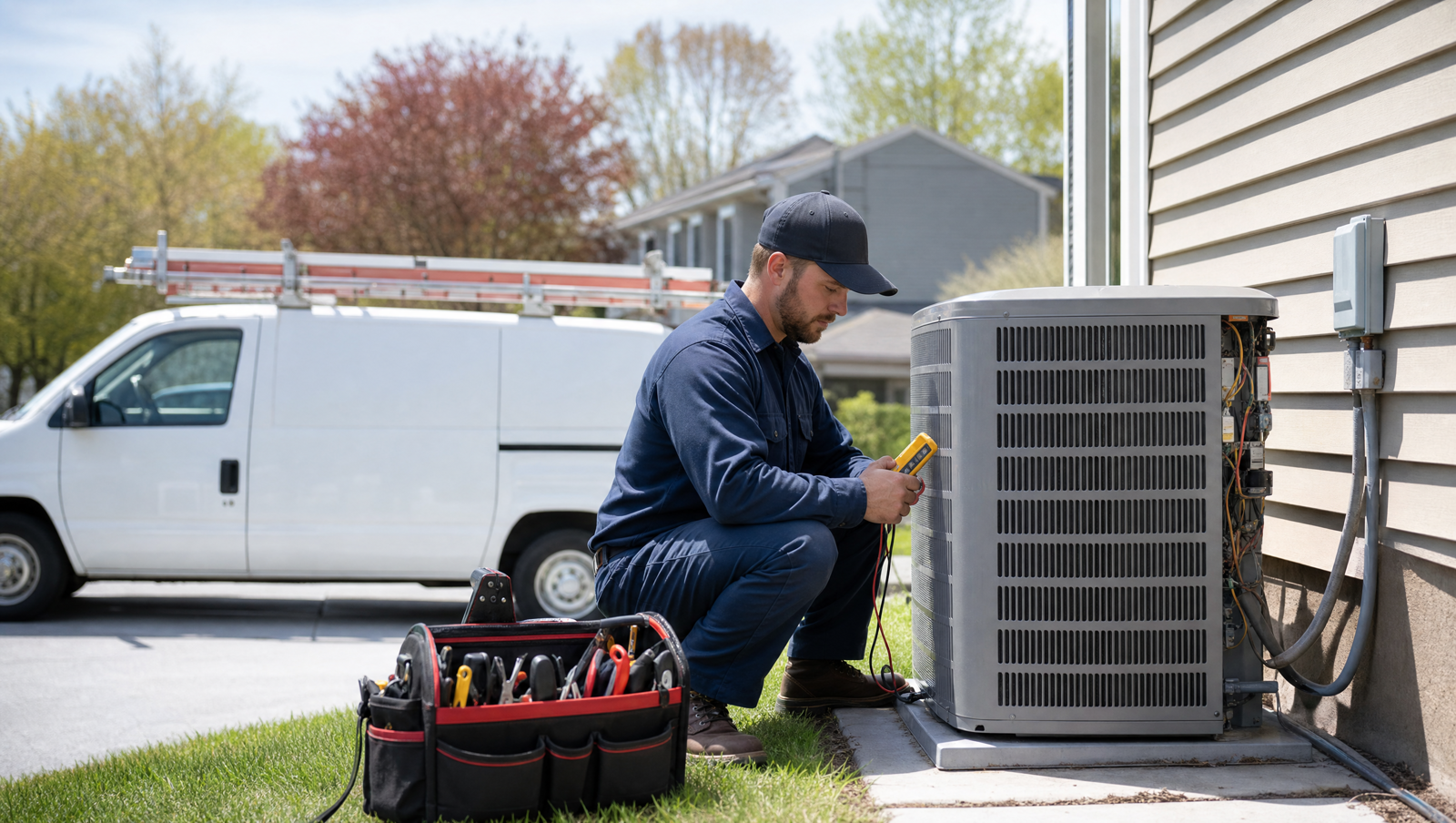HVAC technician servicing a residential AC unit